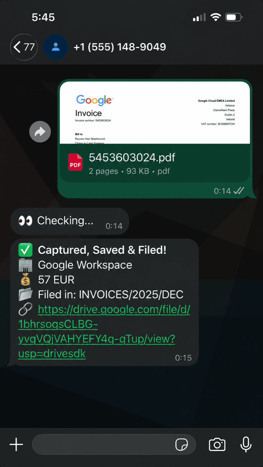 WhatsApp chat forwarding an invoice PDF, with a reply confirming it was captured, saved, and filed to Google Drive