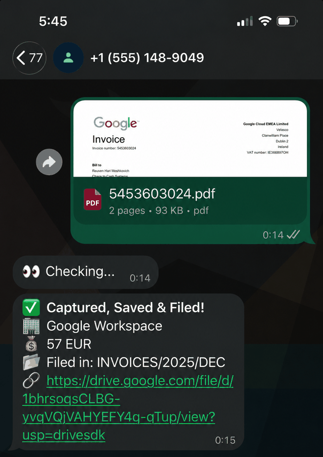 WhatsApp chat where an invoice PDF is forwarded to Invoice Hunter, which replies "Captured, Saved & Filed!" with the amount and the Drive folder it was filed in